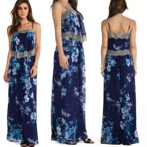 Twelfth Street by Cynthia Vincent 100% Silk Floral Maxi Dress Blue Lace Trim P